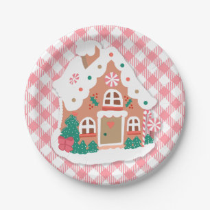 Cute Festive Snowy Pink Gingerbread House Gingham Paper Plates