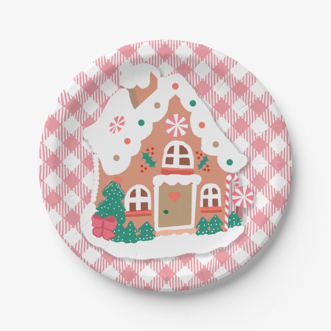 Cute Festive Snowy Pink Gingerbread House Gingham Paper Plates (Front)
