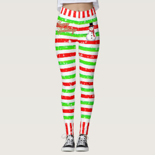 Cute Festive Striped Snowman and Snowflakes Leggings