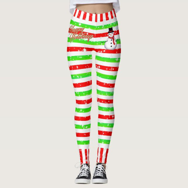 Cute Festive Striped Snowman and Snowflakes Leggings (Front)