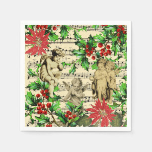 Cute Festive Vintage Angel Cherubs Holly Christmas Napkins