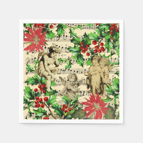 Cute Festive Vintage Angel Cherubs Holly Christmas Napkins