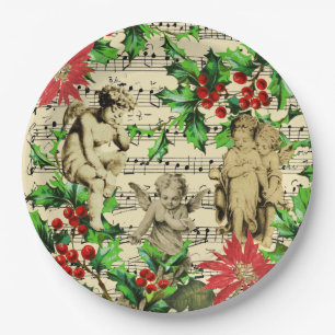 Cute Festive Vintage Angel Cherubs Holly Christmas Paper Plates