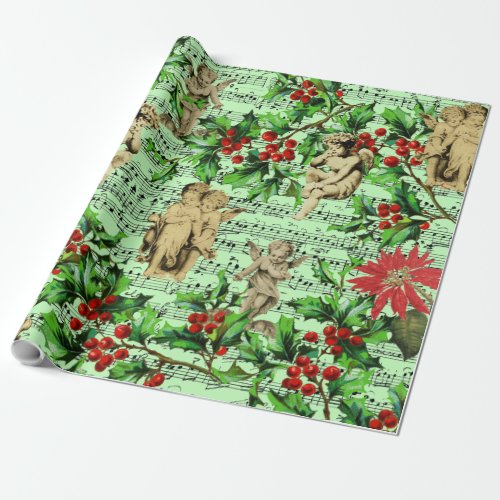 Cute Festive Vintage Angel Cherubs Holly Christmas Wrapping Paper