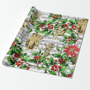 Cute Festive Vintage Angel Cherubs Holly Christmas Wrapping Paper