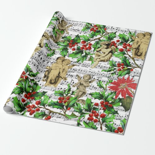 Cute Festive Vintage Angel Cherubs Holly Christmas Wrapping Paper