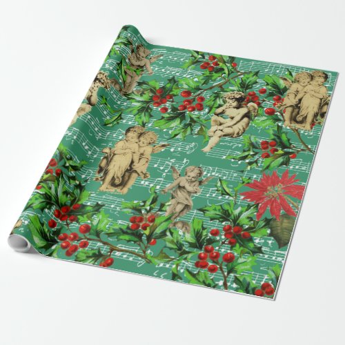 Cute Festive Vintage Angel Cherubs Holly Christmas Wrapping Paper