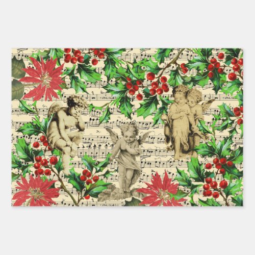 Cute Festive Vintage Angel Cherubs Holly Christmas Wrapping Paper Sheets