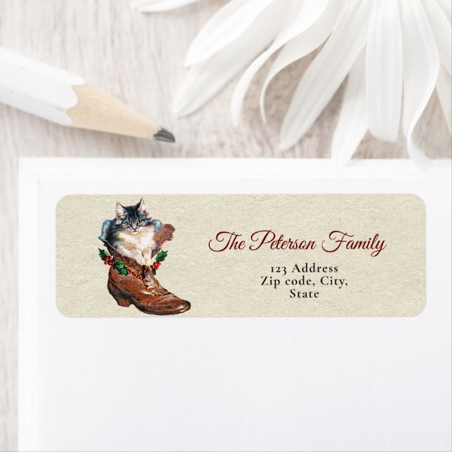 Cute Festive Vintage Christmas Kitten in Boot Label (Insitu)