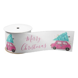 Cute Festive Vintage Pink Car Aqua Christmas Tree