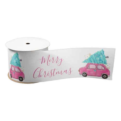 Cute Festive Vintage Pink Car Aqua Christmas Tree Satin Ribbon