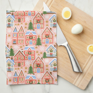 Cute Festive Whimsical Christmas Village Pattern Kitchen Towel