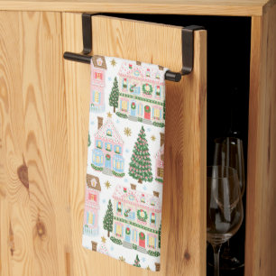 Cute Festive Whimsical Christmas Village Pattern Kitchen Towel