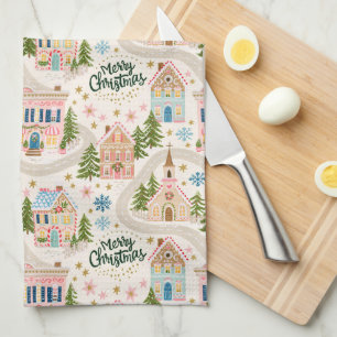 Cute Festive Whimsical Christmas Village Pattern Kitchen Towel
