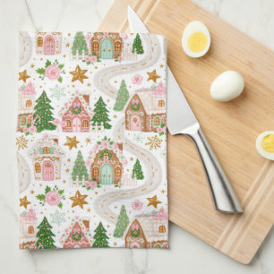 Cute Festive Whimsical Christmas Village Pattern Kitchen Towel