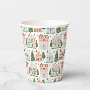 Cute Festive Whimsical Christmas Village Pattern Paper Cups