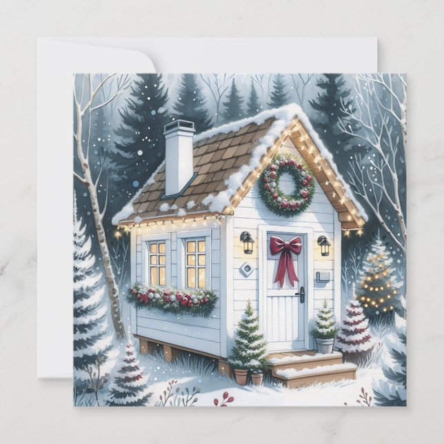 Cute Festive White Tiny Home Christmas Holiday Card (Front)