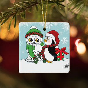 Cute Festive Winter Owl Penguin Christmas Friends Ceramic Ornament