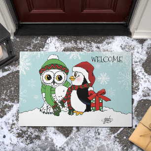 Cute Festive Winter Owl Penguin Christmas Friends Doormat