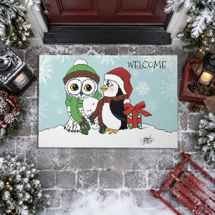 Cute Festive Winter Owl Penguin Christmas Friends Doormat