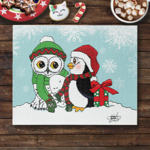 Cute Festive Winter Owl Penguin Christmas Friends Jigsaw Puzzle