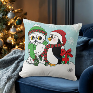 Cute Festive Winter Owl Penguin Christmas Friends Throw Pillow