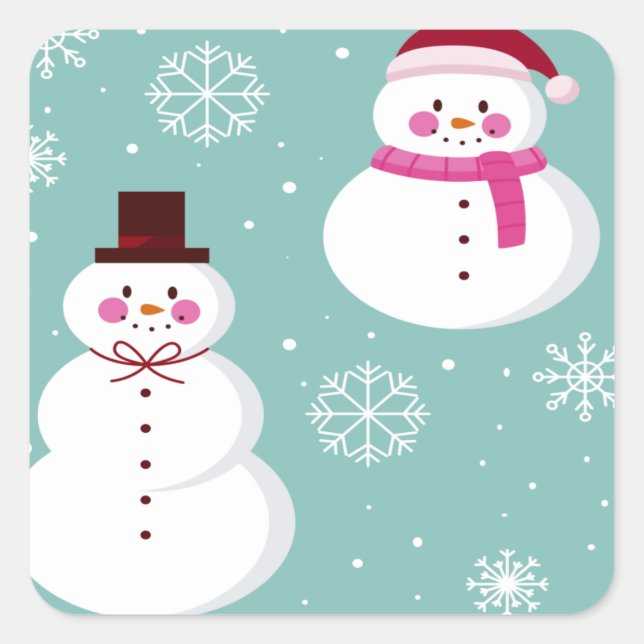 Cute Festive Winter Pink Frosty Snowman Square Sticker (Front)