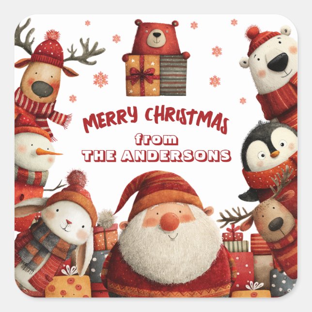 Cute Festive Xmas Animals Merry Christmas from Square Sticker (Front)