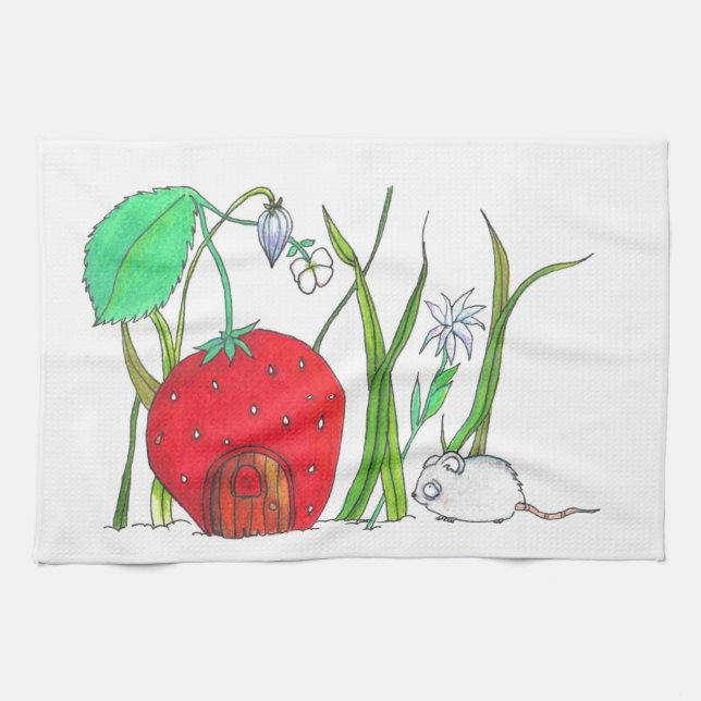 cute field mouse and big red strawberry house kitchen towel (Horizontal)