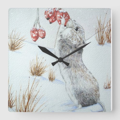 Cute field mouse snow scene wildlife square wall clock