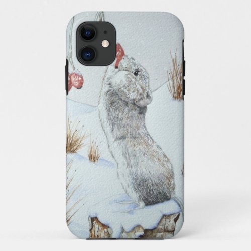cute field mouse winter snow scene wildlife iPhone 11 case
