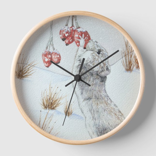 cute field mouse winter snow scene wildlife  clock (Front)