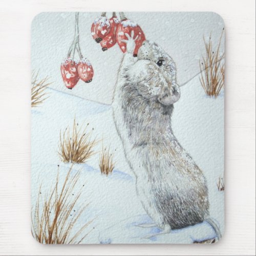 cute field mouse winter snow scene wildlife mouse pad