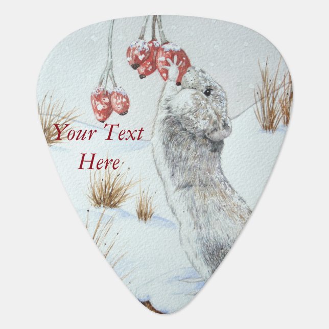 cute field mouse winter snow scene wildlife  white guitar pick (Front)