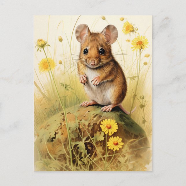Cute Field Mouse with Yellow Flowers  Postcard (Front)