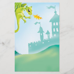 cute fiery dragon and castle scene stationery