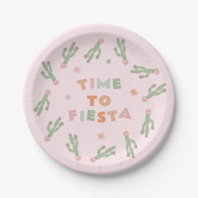Cute Fiesta Cactus Pink Birthday  Paper Plates (Front)