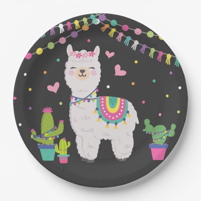 Cute Fiesta Llama Baby Girl Birthday Party Decor Paper Plates (Front)