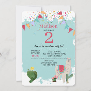 Cute Fiesta Llama & Cactus Children's Birthday Invitation