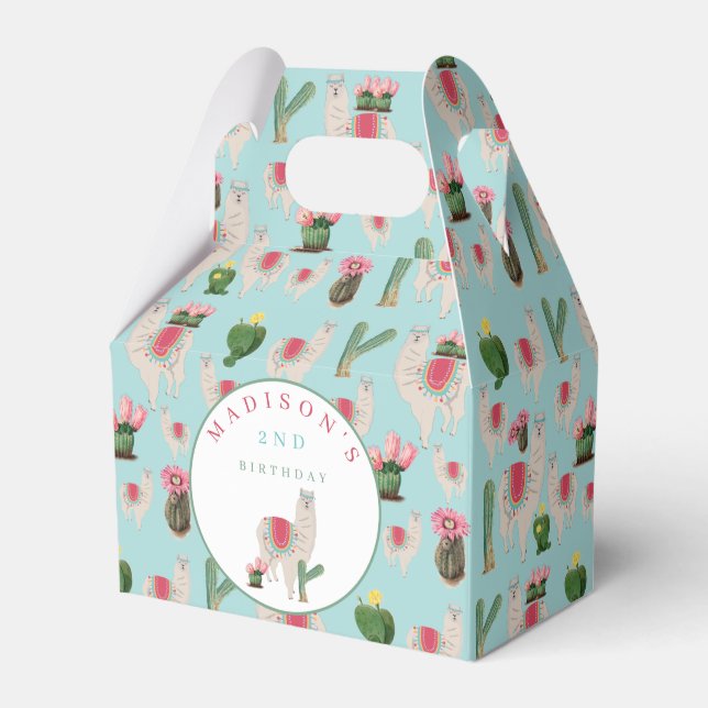 Cute Fiesta Llama & Cactus Kids Birthday Favor Boxes (Front Side)