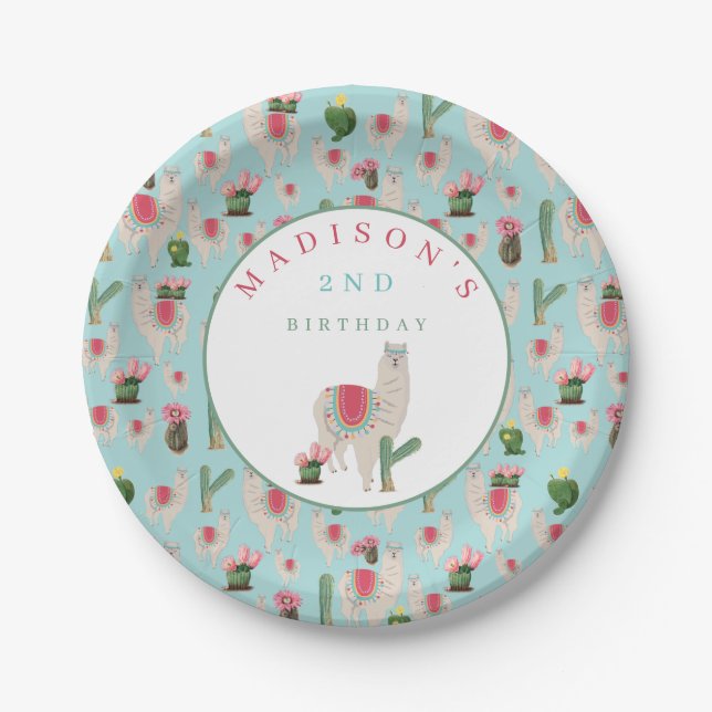 Cute Fiesta Llama & Cactus Kids Birthday  Paper Plates (Front)