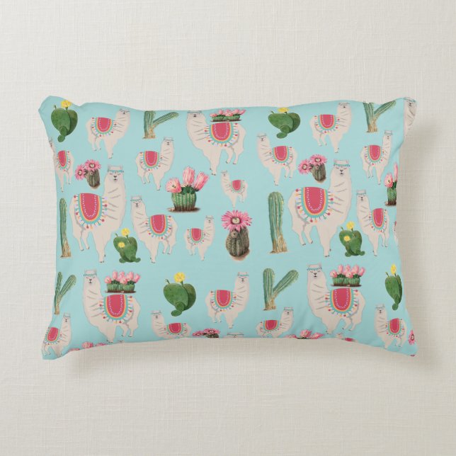Cute Fiesta Llama & Cactus Pattern  Accent Pillow (Front)