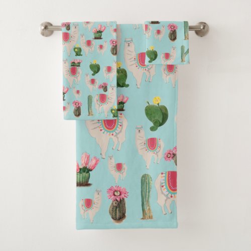 Cute Fiesta Llama  Cactus Pattern Bath Towel Set