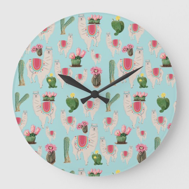 Cute Fiesta Llama & Cactus Pattern  Large Clock (Front)