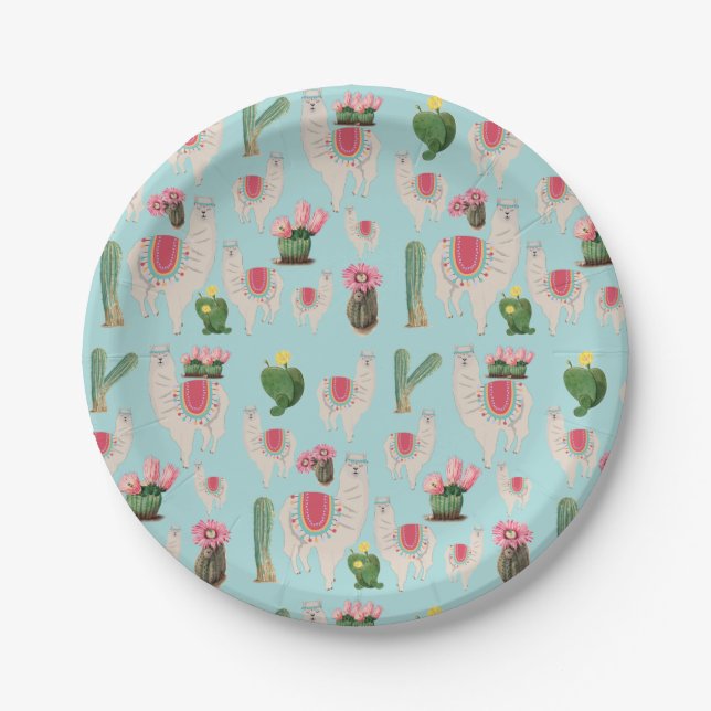 Cute Fiesta Llama & Cactus Pattern Paper Plates (Front)