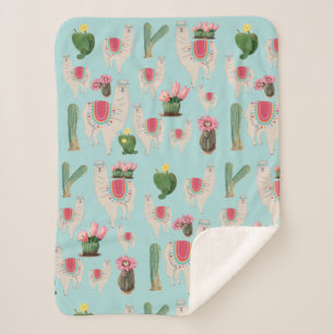 Cute Fiesta Llama & Cactus Pattern Sherpa Blanket