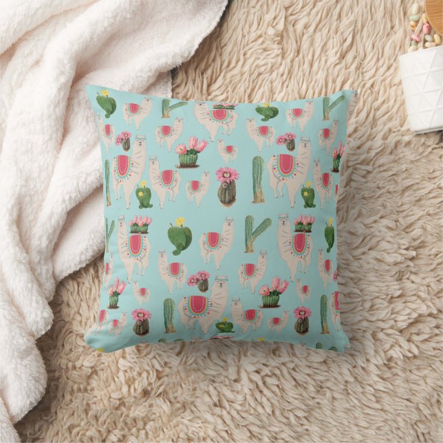 Cute Fiesta Llama & Cactus Pattern Throw Pillow (Blanket)
