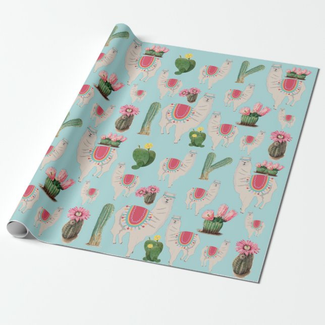 Cute Fiesta Llama & Cactus Pattern Wrapping Paper (Unrolled)