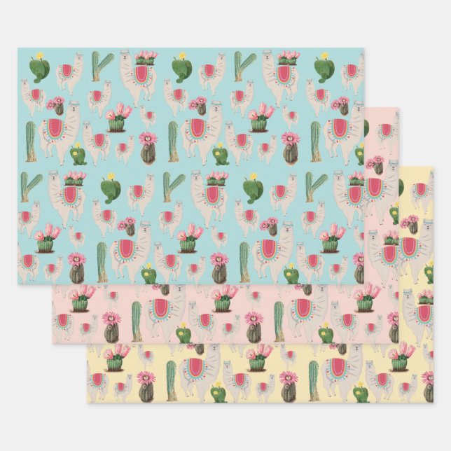 Cute Fiesta Llama & Cactus Pattern   Wrapping Paper Sheets (Set)