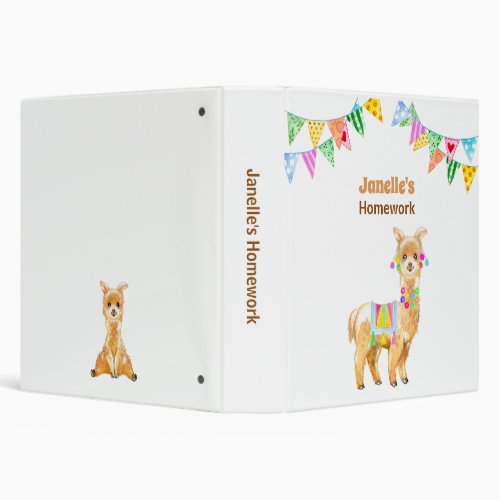 Cute Fiesta Watercolor Llama Personalize Kids 3 R 3 Ring Binder